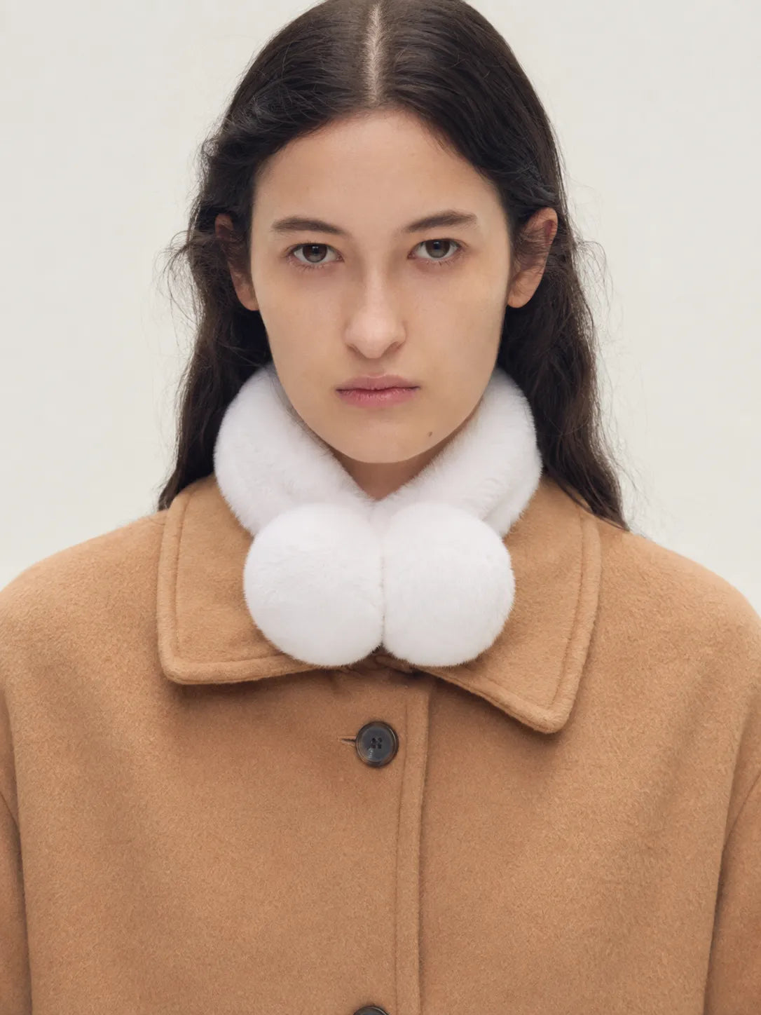 Woman wearing a rice white rex rabbit fur magnetic scarf - Fireladyfur