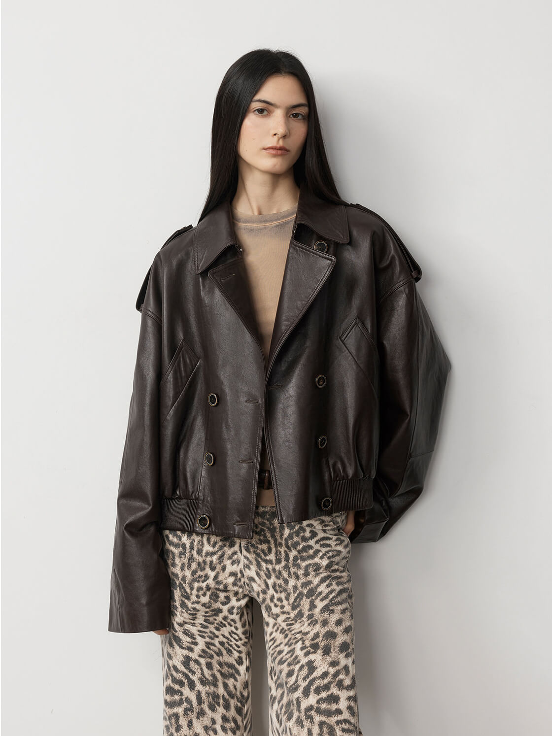 Firelady Fur Women‘s Vintage Waxed Lambskin Trench Style Bomber Leather Jacket “Fashion Boundaries”