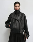 THE ARTM Women’s Double-Lapel Lambskin Leather Jacket, Premium Natural Material