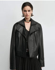 THE ARTM Women’s Double-Lapel Lambskin Leather Jacket, Premium Natural Material