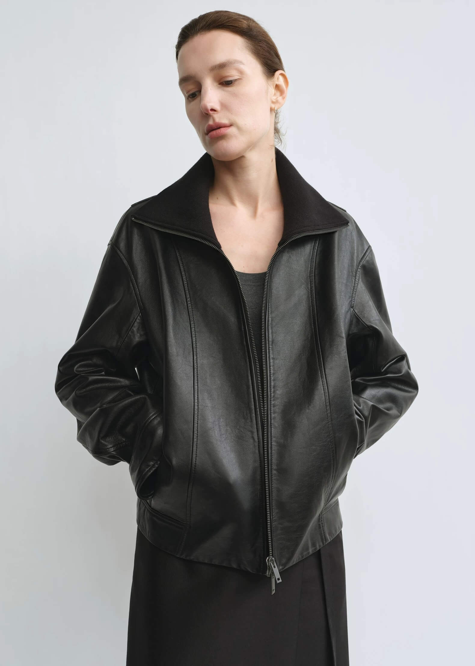 THE ARTM Women’s Funnel Neck Leather Jacket – Modern Minimal, Relaxed Fit