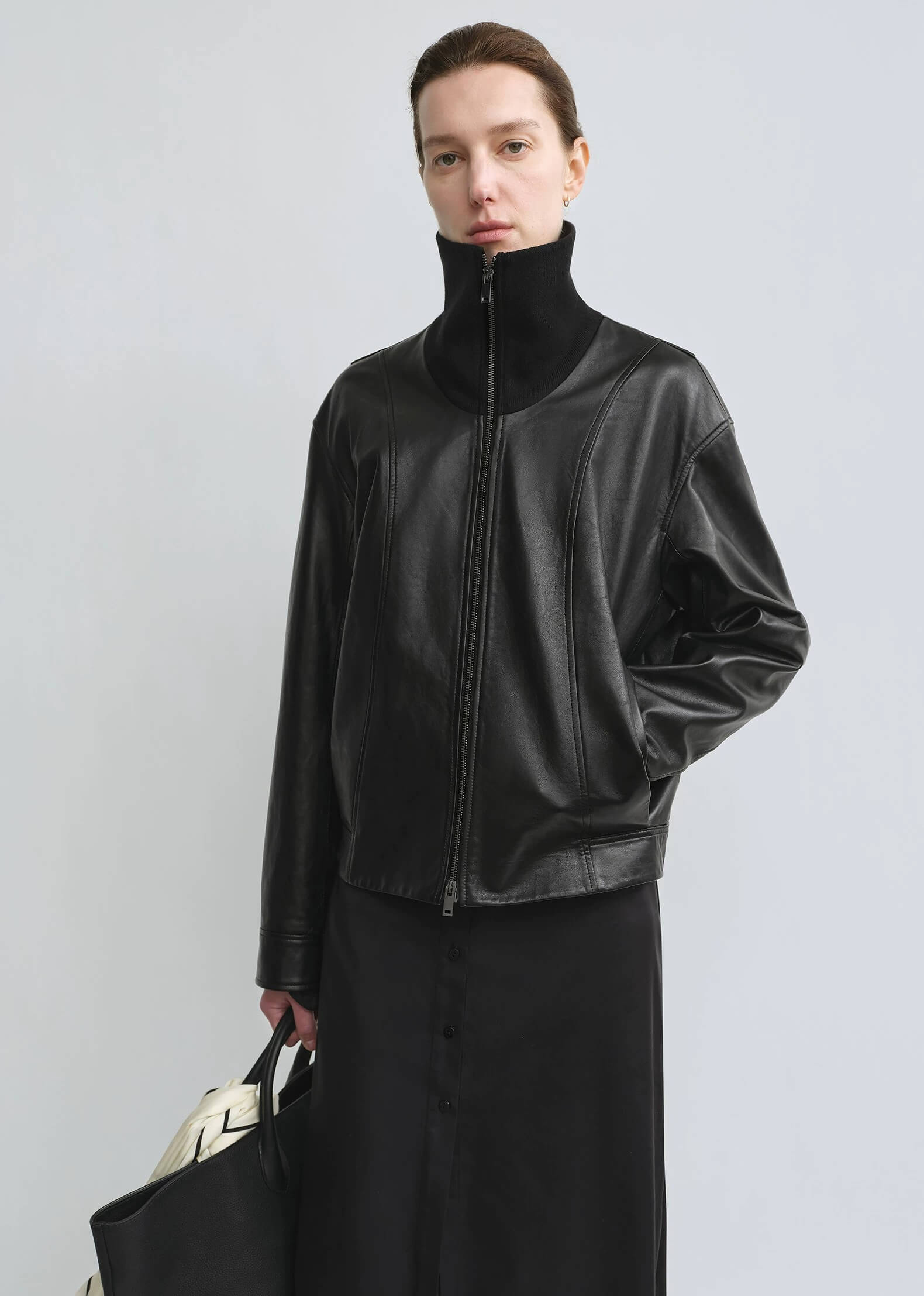 THE ARTM Women’s Funnel Neck Leather Jacket – Modern Minimal, Relaxed Fit