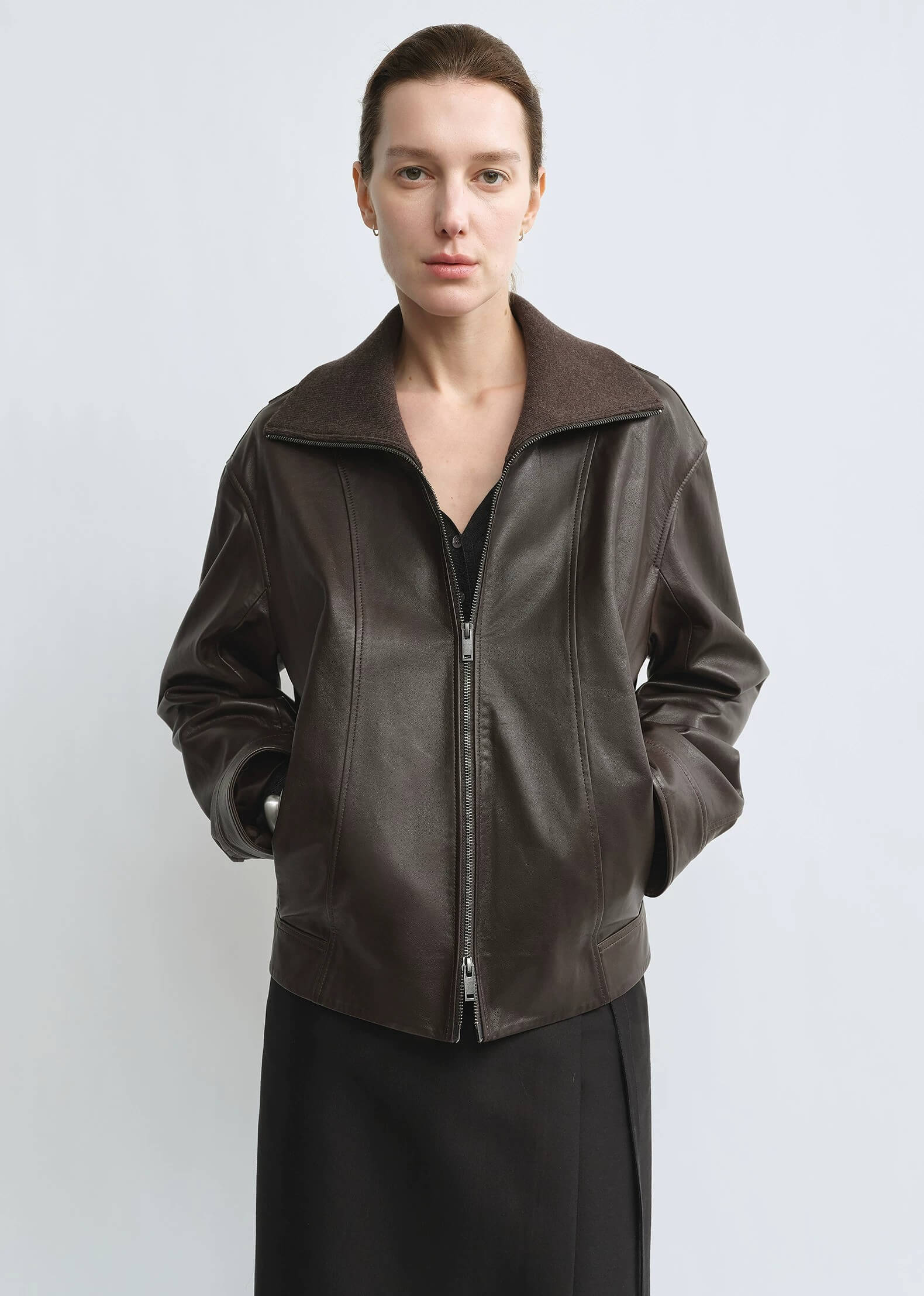 THE ARTM Women’s Funnel Neck Leather Jacket – Modern Minimal, Relaxed Fit
