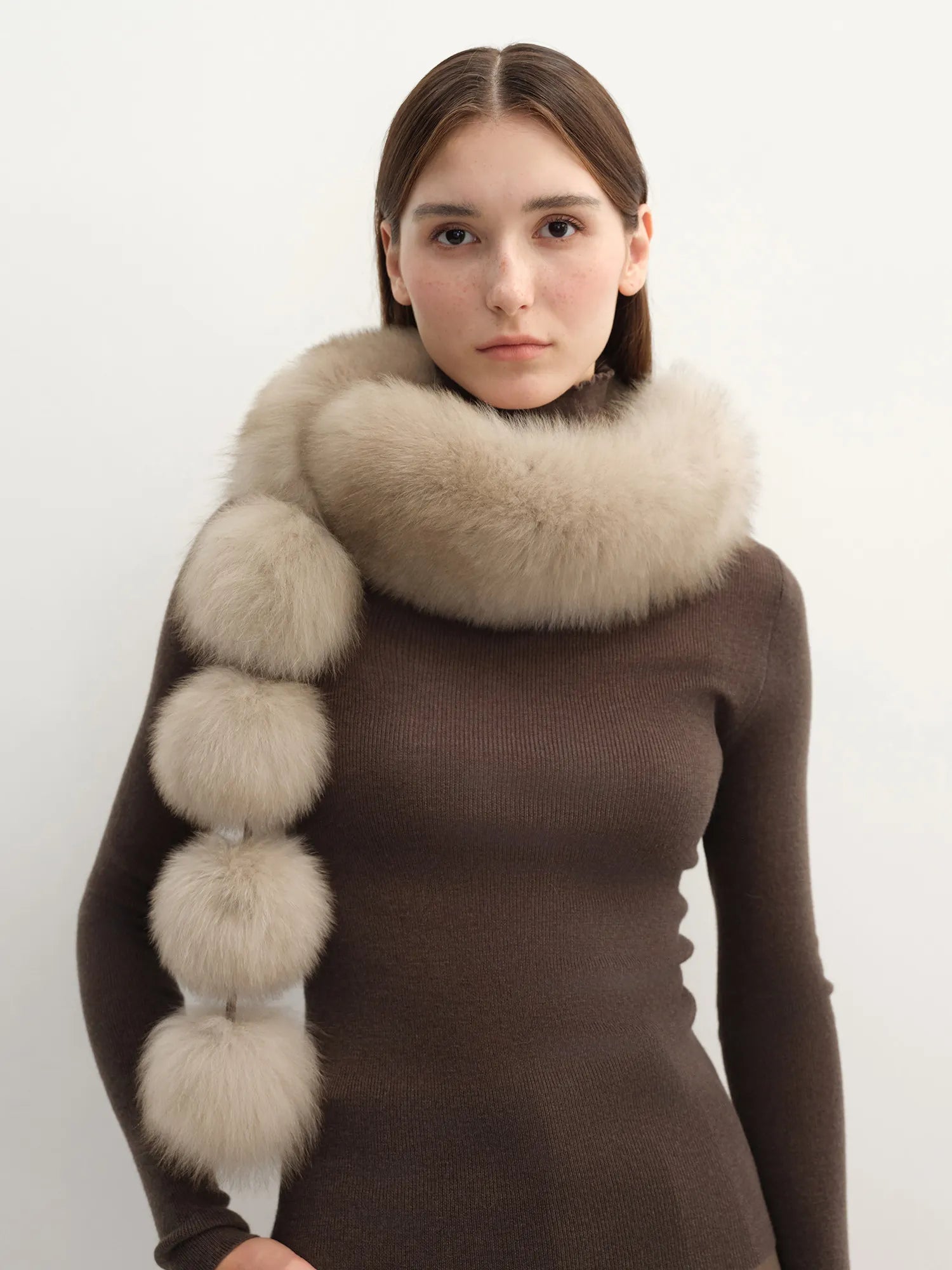 Two-Tone Fox Fur Pom-Pom Scarf for Women – Adjustable Styling, Lightweight Warmth