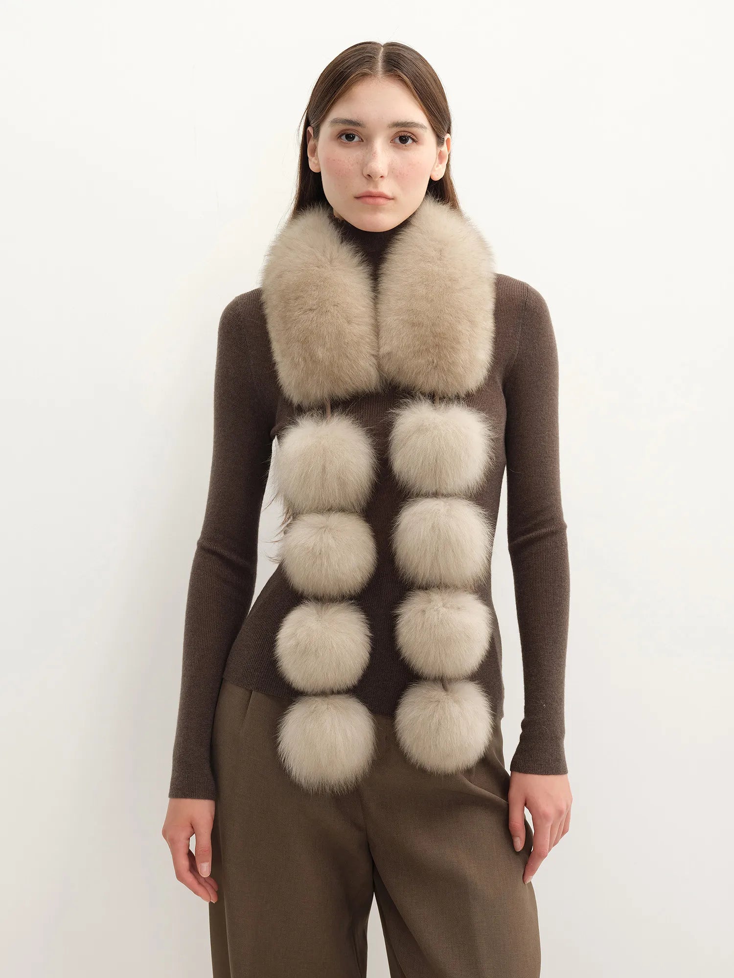 Two-Tone Fox Fur Pom-Pom Scarf for Women – Adjustable Styling, Lightweight Warmth