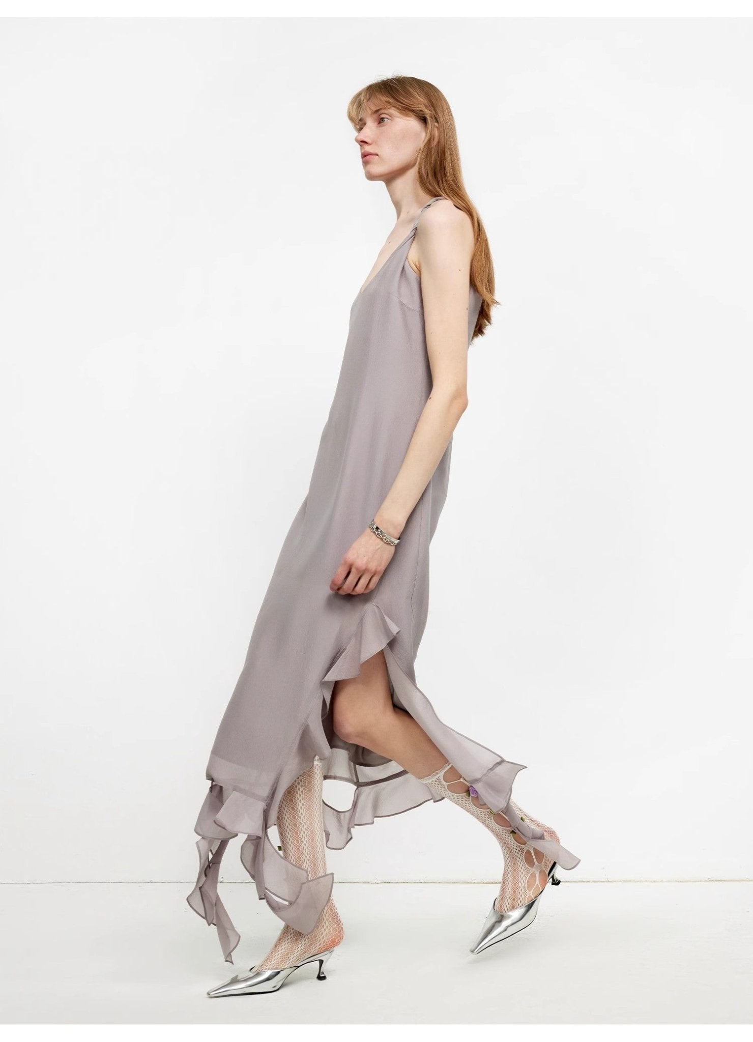 Acetate Mulberry Silk V - Neck Ruffled Draped Twist Strap Summer Dress "Rosy Ombre" - variant_title