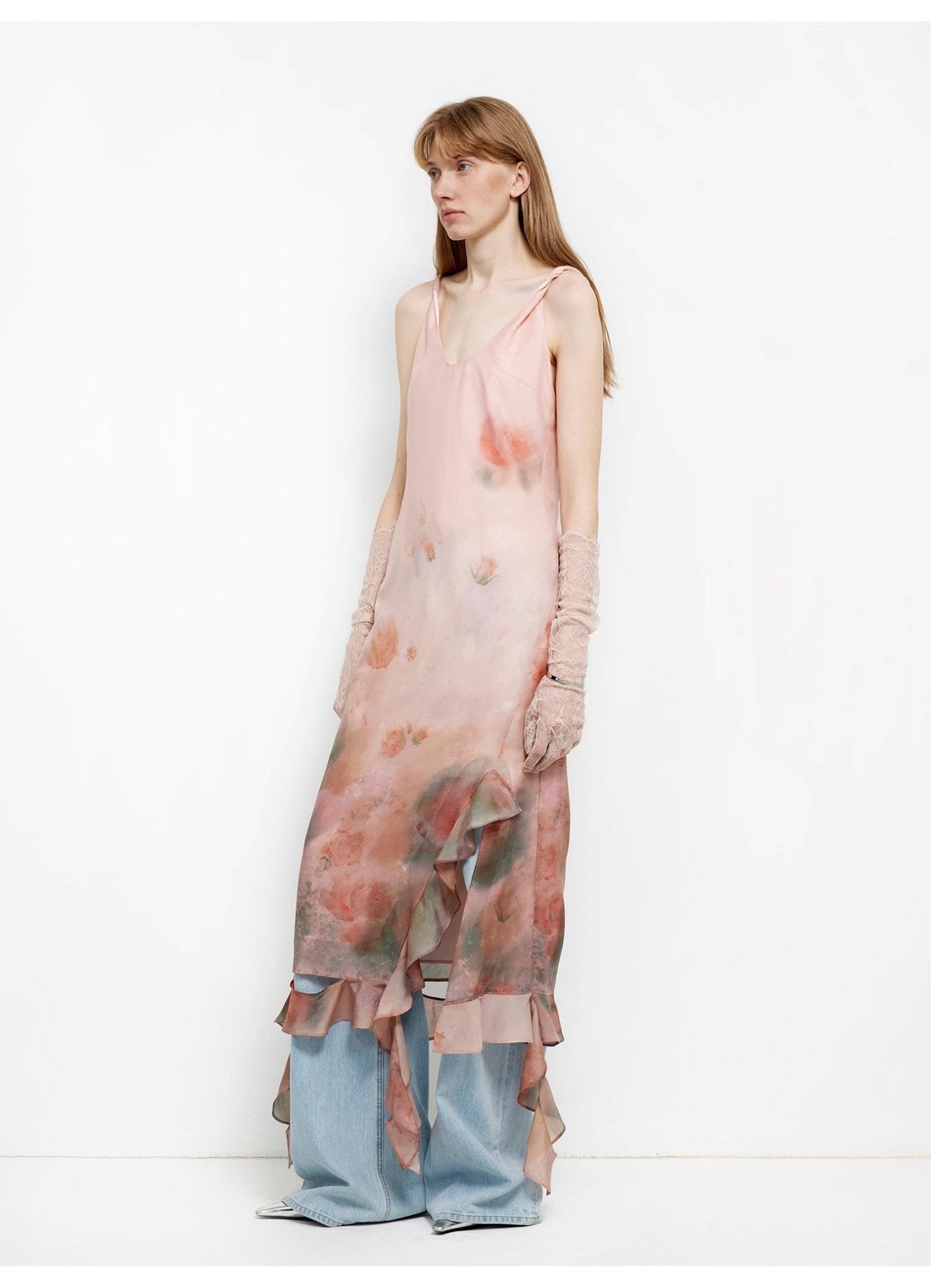 Acetate Mulberry Silk V - Neck Ruffled Draped Twist Strap Summer Dress "Rosy Ombre" - variant_title