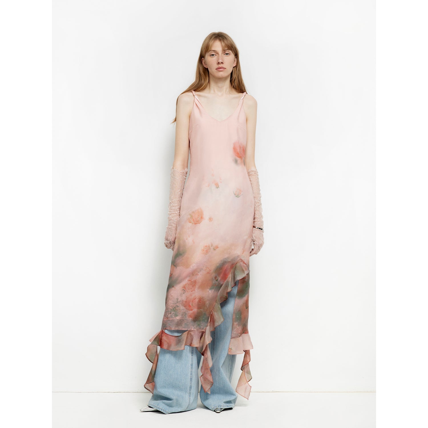 Acetate Mulberry Silk V - Neck Ruffled Draped Twist Strap Summer Dress "Rosy Ombre" - variant_title