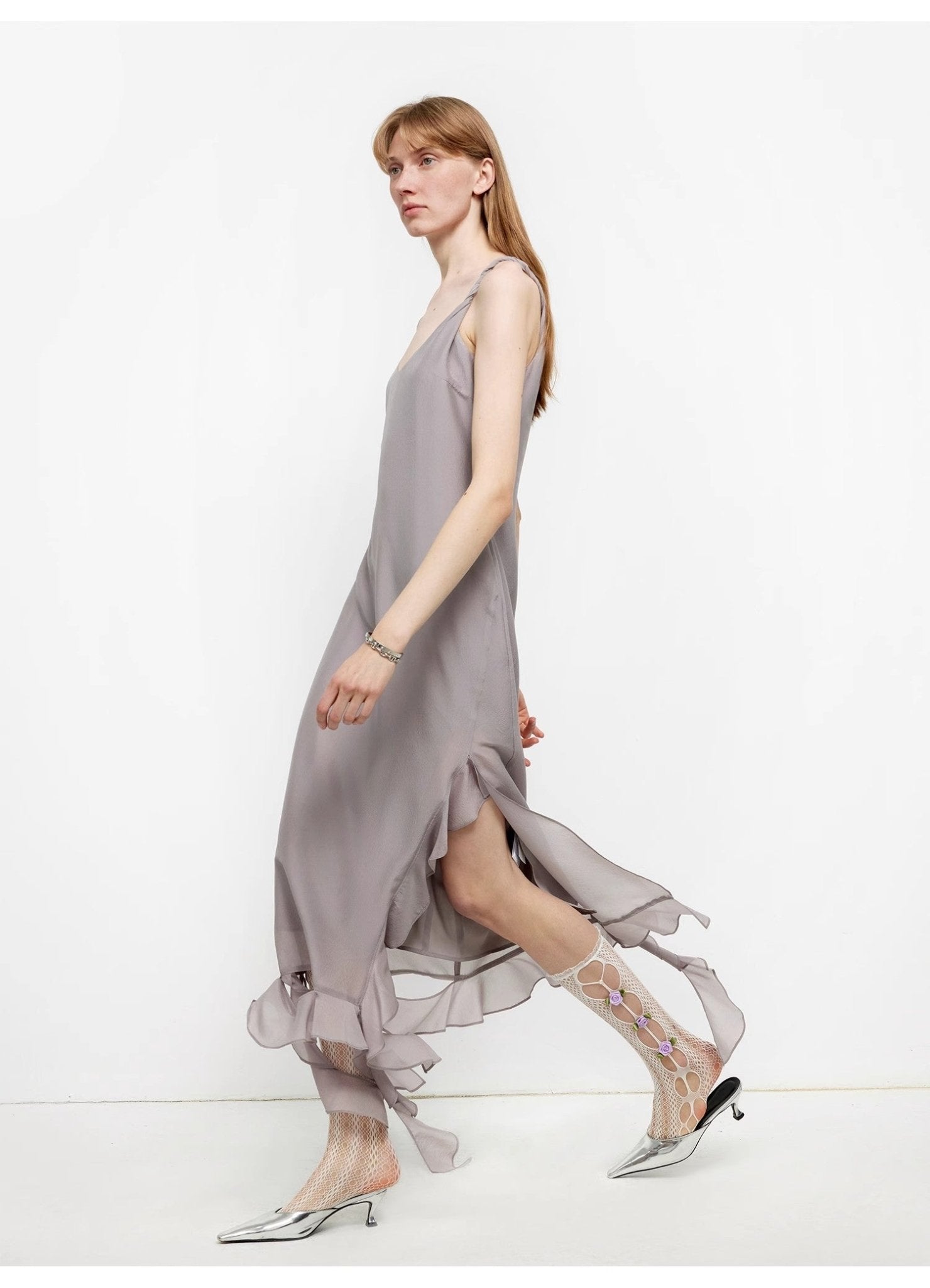 Acetate Mulberry Silk V - Neck Ruffled Draped Twist Strap Summer Dress "Rosy Ombre" - variant_title