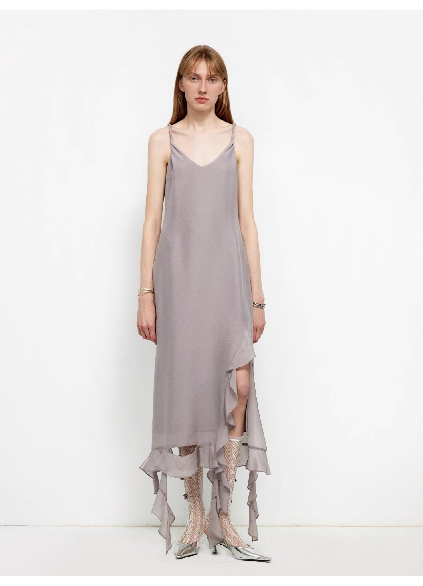 Acetate Mulberry Silk V - Neck Ruffled Draped Twist Strap Summer Dress "Rosy Ombre" - variant_title