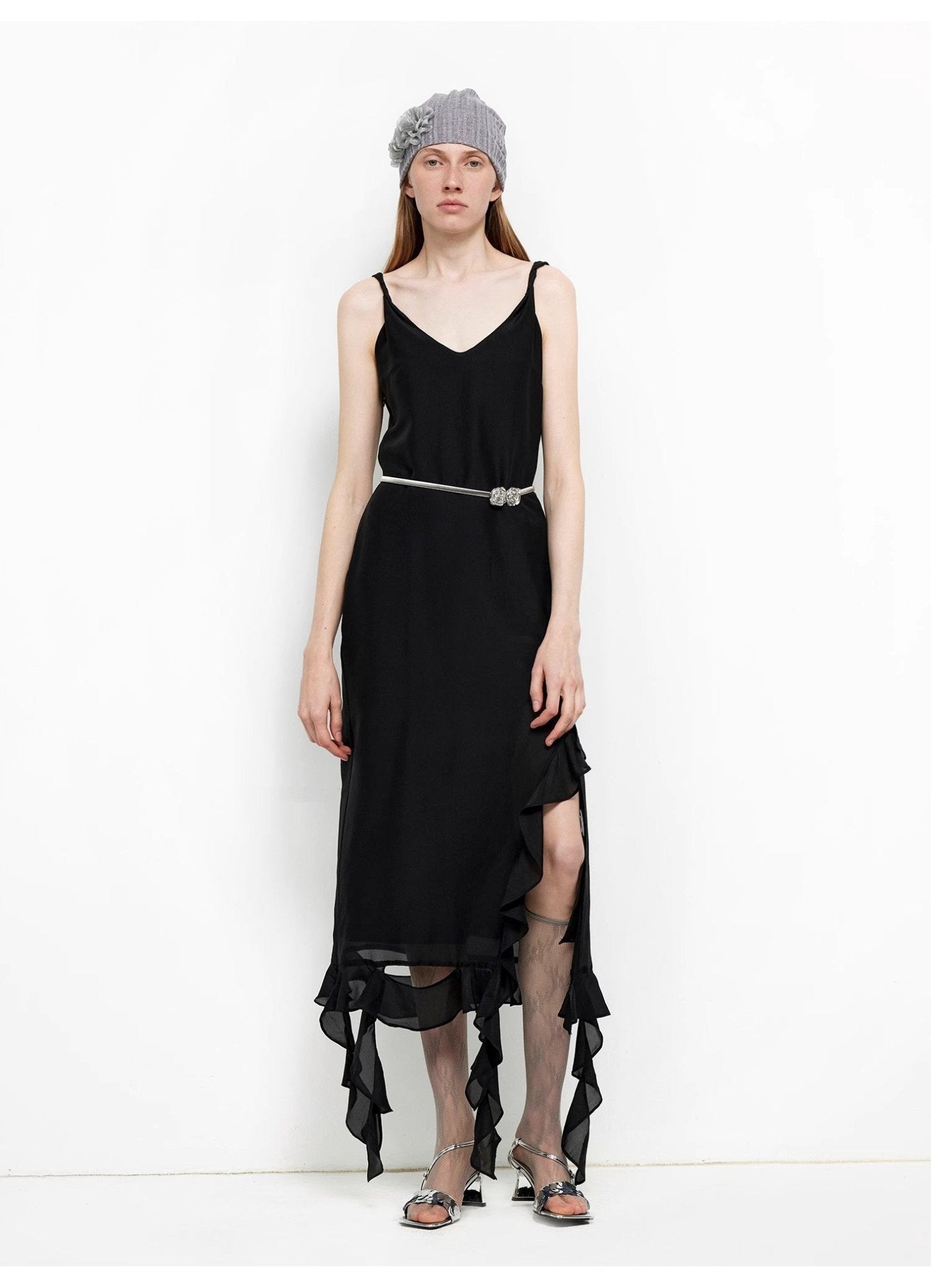 Acetate Mulberry Silk V - Neck Ruffled Draped Twist Strap Summer Dress "Rosy Ombre" - variant_title