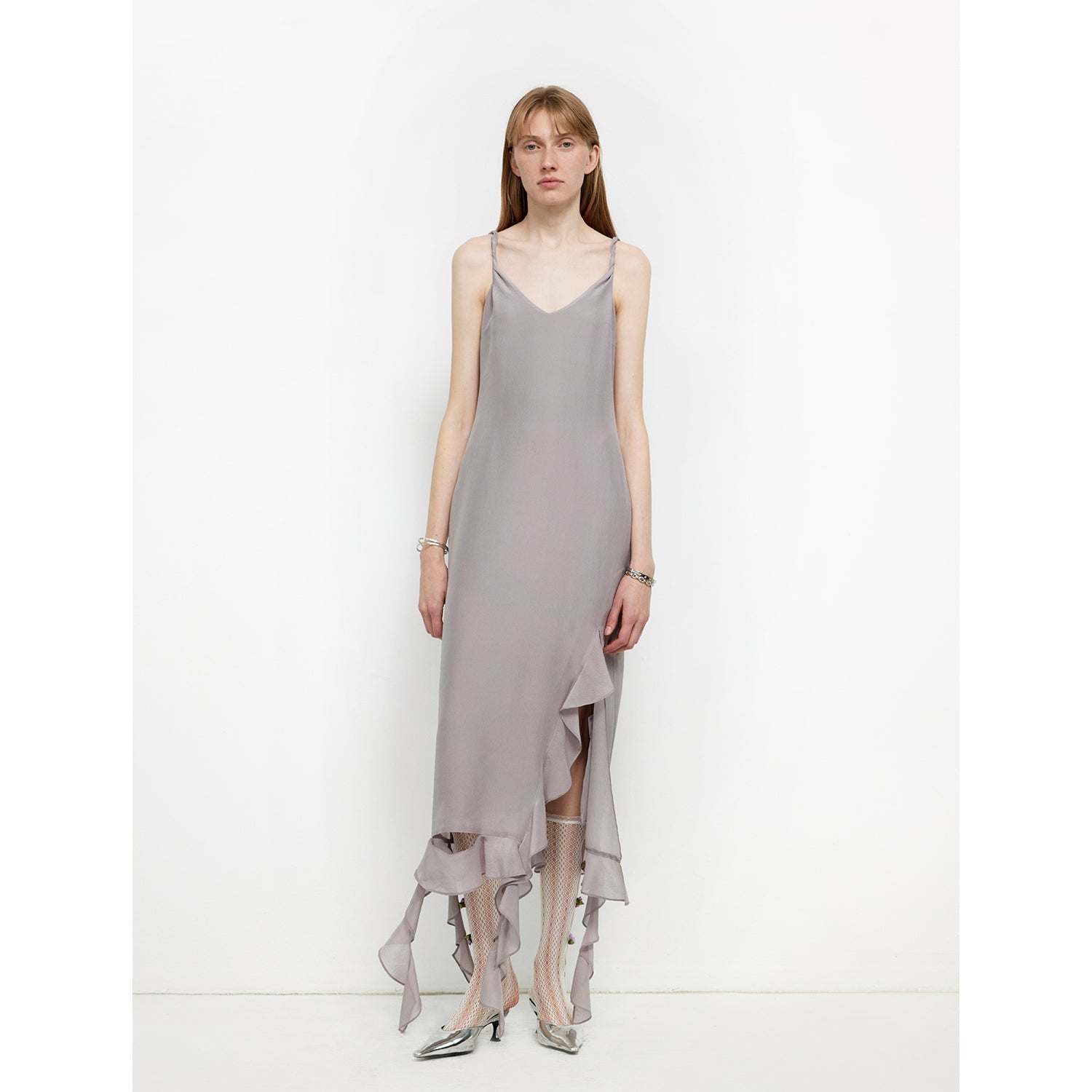 Acetate Mulberry Silk V - Neck Ruffled Draped Twist Strap Summer Dress "Rosy Ombre" - variant_title