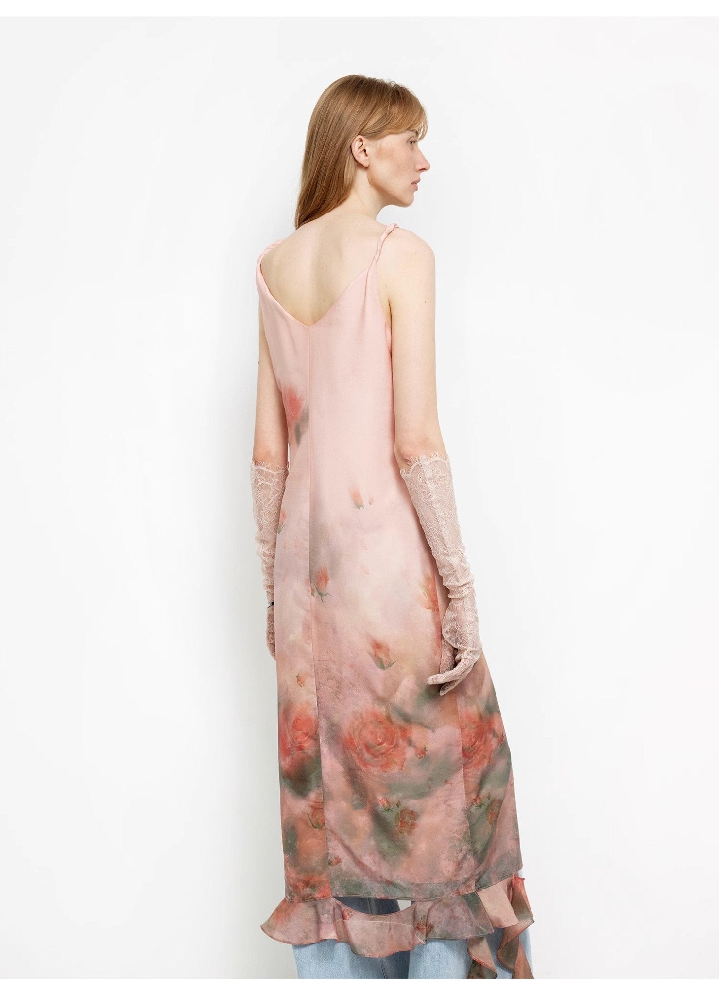 Acetate Mulberry Silk V - Neck Ruffled Draped Twist Strap Summer Dress "Rosy Ombre" - variant_title