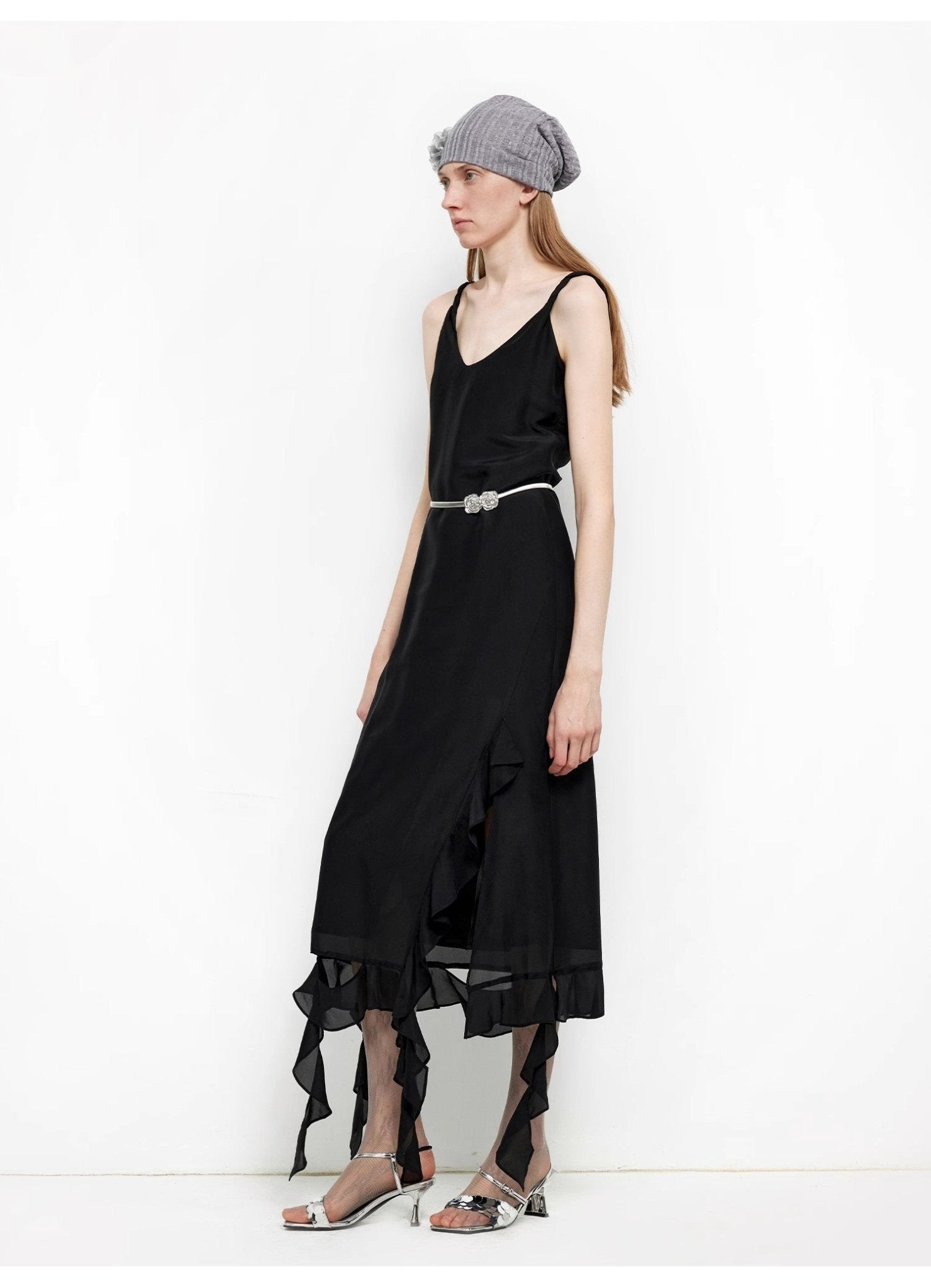 Acetate Mulberry Silk V - Neck Ruffled Draped Twist Strap Summer Dress "Rosy Ombre" - variant_title