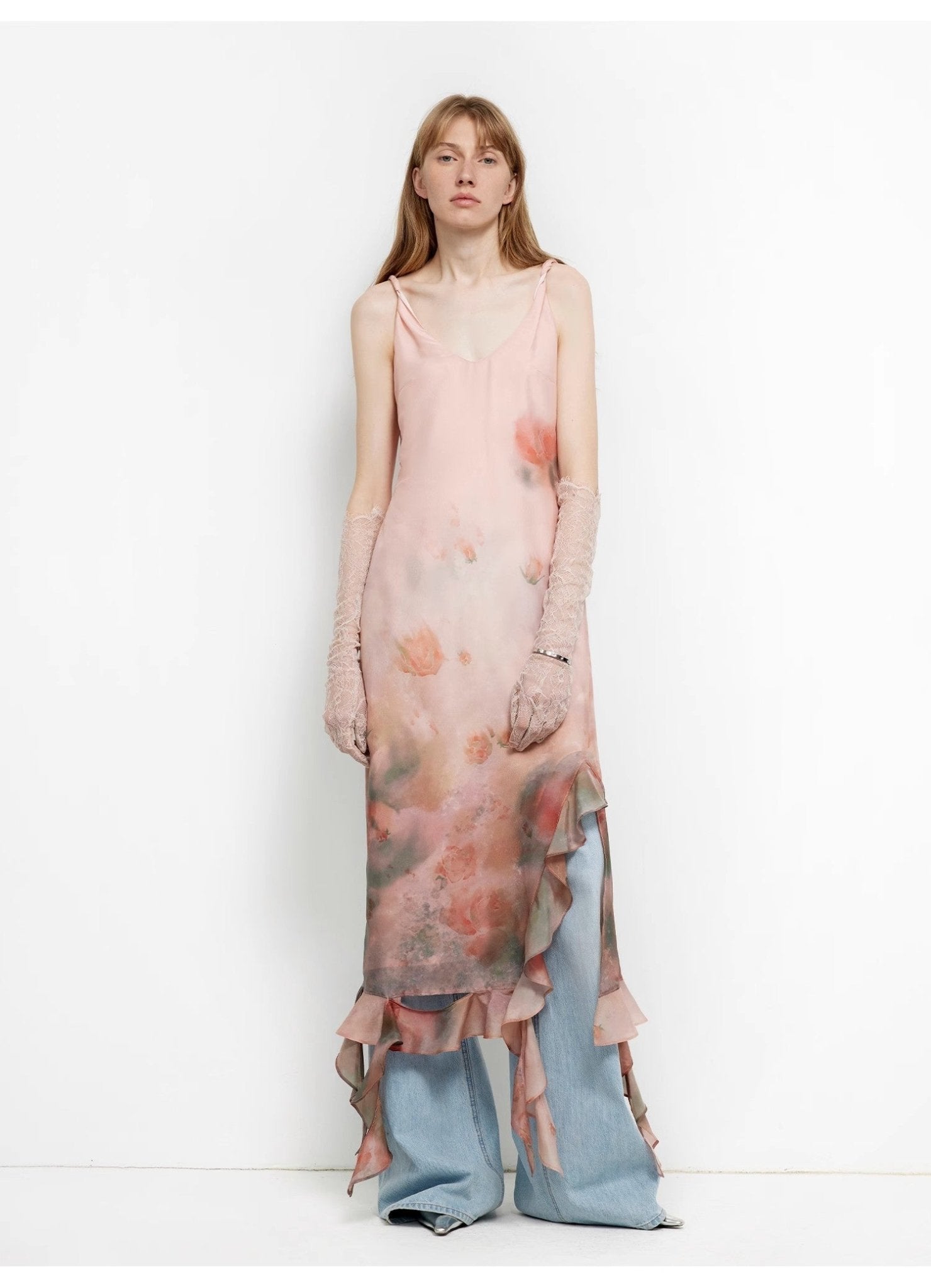 Acetate Mulberry Silk V - Neck Ruffled Draped Twist Strap Summer Dress "Rosy Ombre" - variant_title