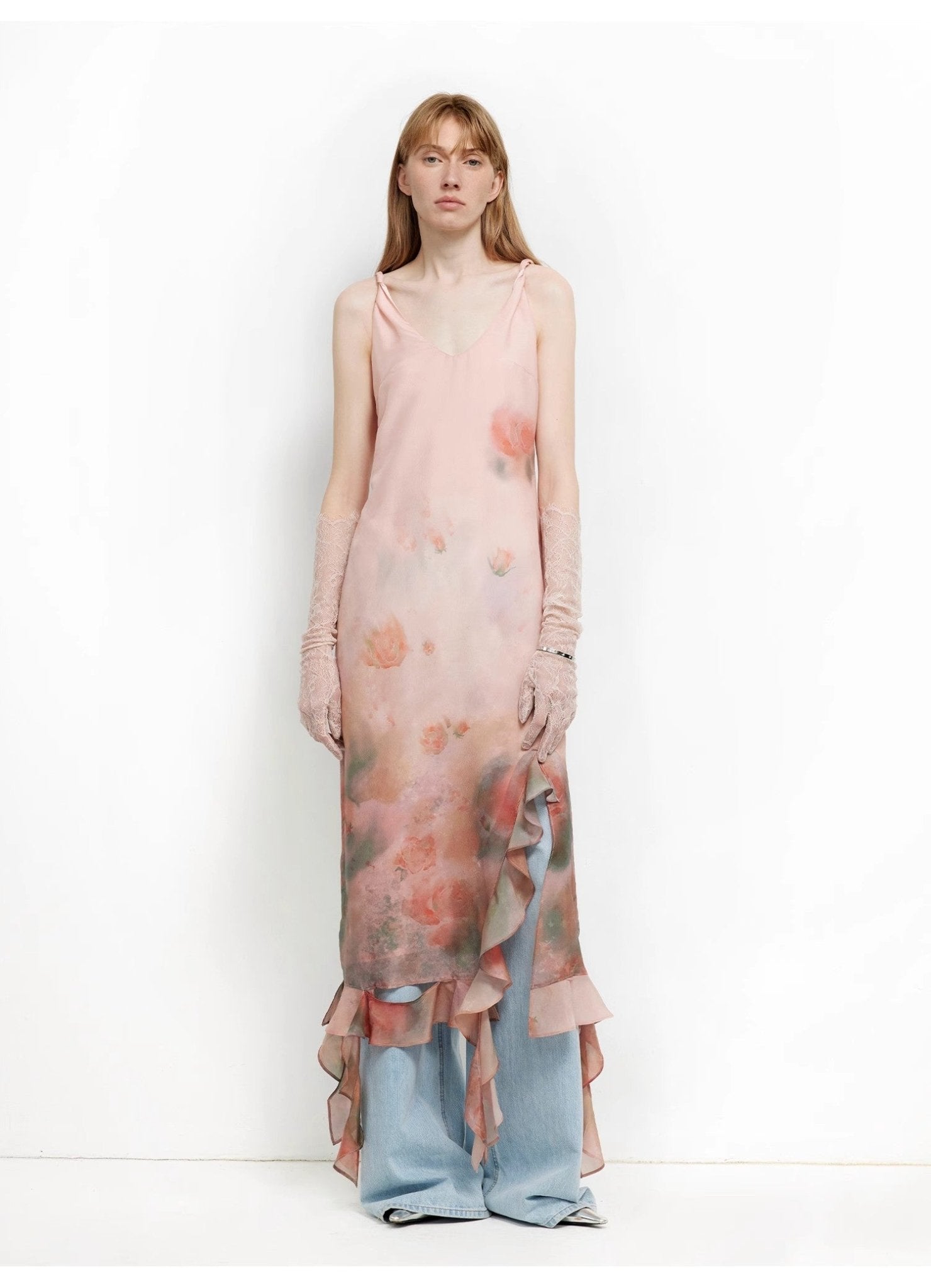 Acetate Mulberry Silk V - Neck Ruffled Draped Twist Strap Summer Dress "Rosy Ombre" - variant_title