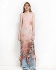 Acetate Mulberry Silk V - Neck Ruffled Draped Twist Strap Summer Dress "Rosy Ombre" - variant_title