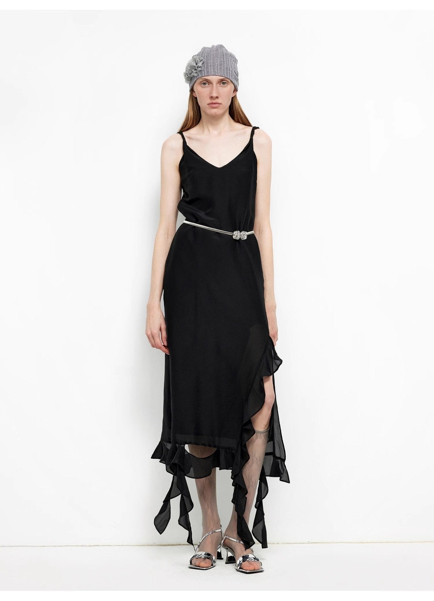 Acetate Mulberry Silk V - Neck Ruffled Draped Twist Strap Summer Dress "Rosy Ombre" - variant_title