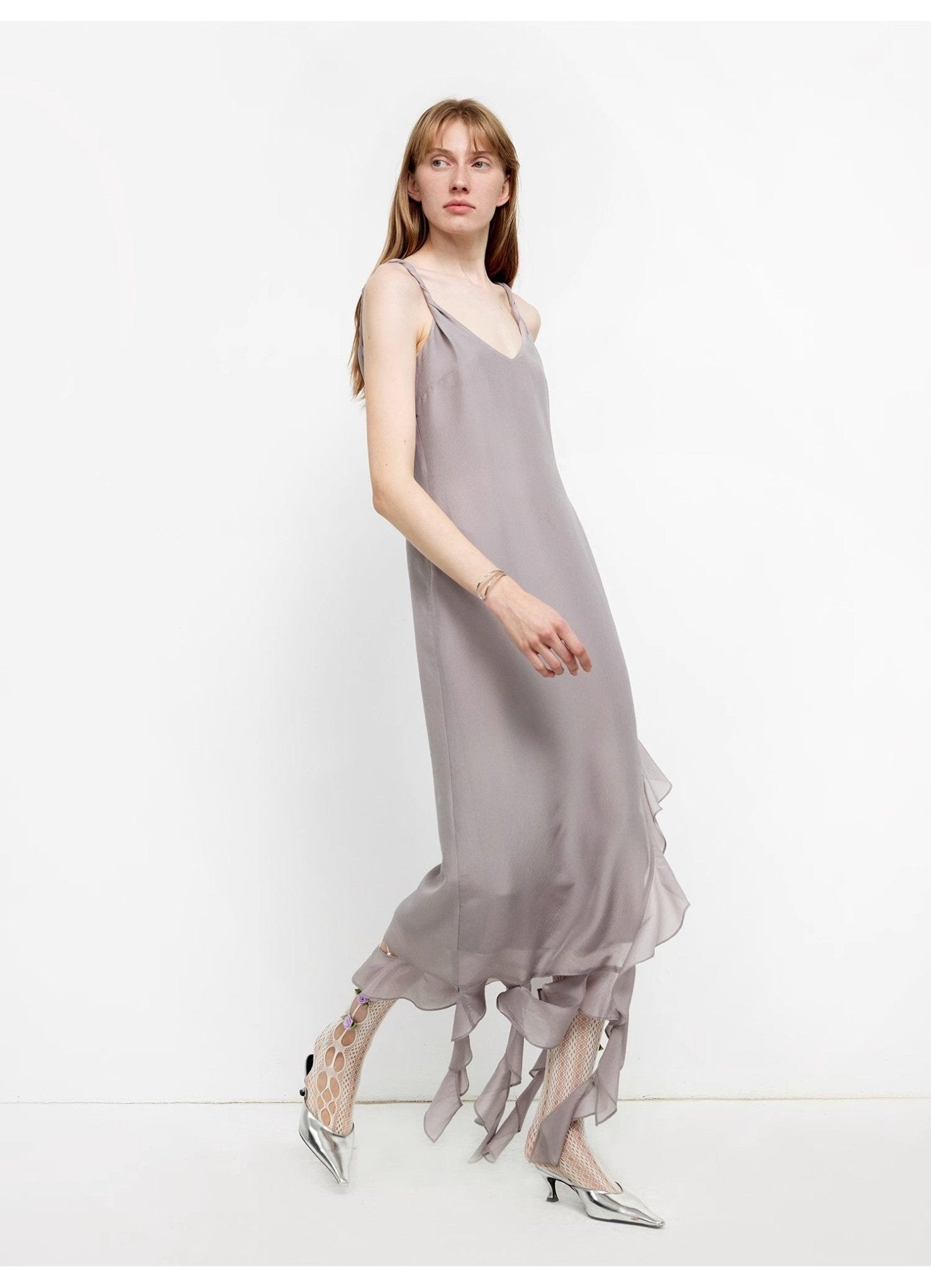 Acetate Mulberry Silk V - Neck Ruffled Draped Twist Strap Summer Dress "Rosy Ombre" - variant_title
