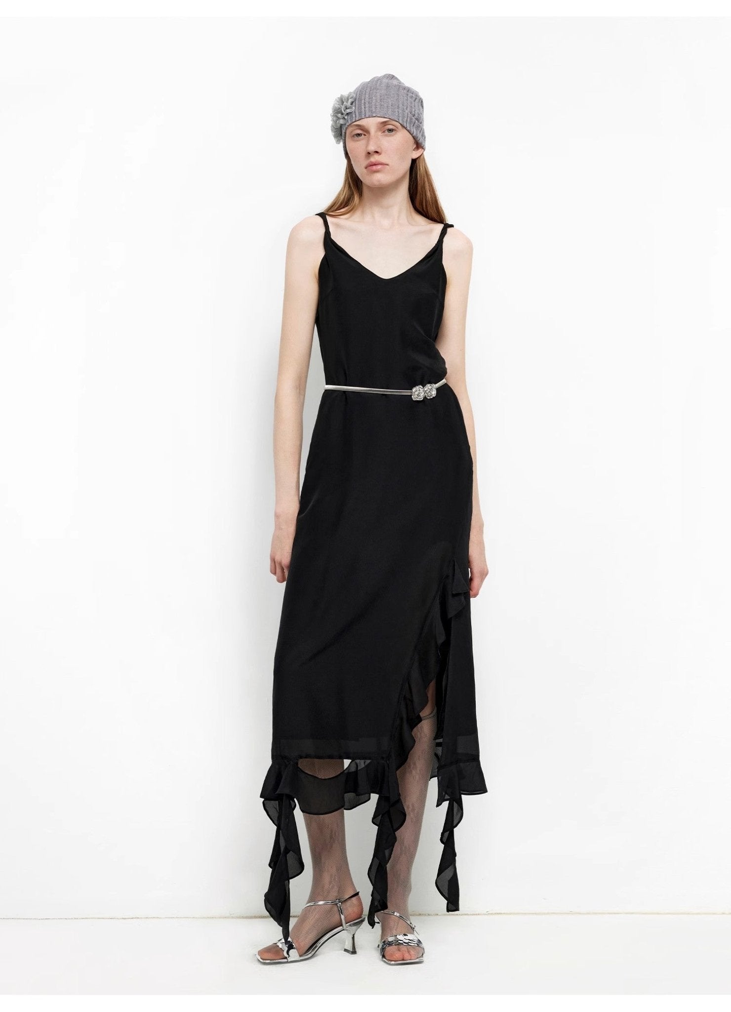 Acetate Mulberry Silk V - Neck Ruffled Draped Twist Strap Summer Dress "Rosy Ombre" - variant_title