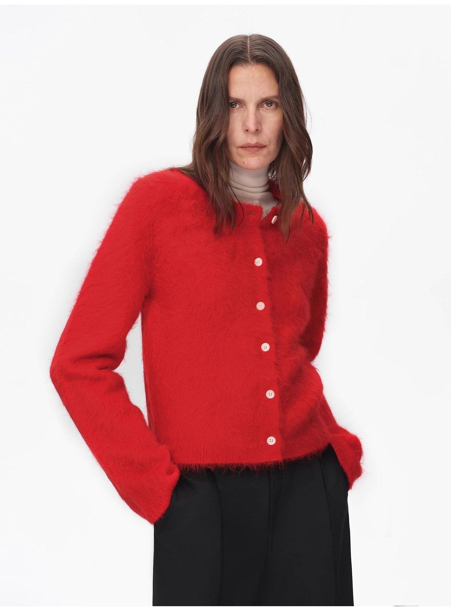 Albaca Alpaca Brushed Round Neck Straight Cardigan Women's Sweater - variant_title