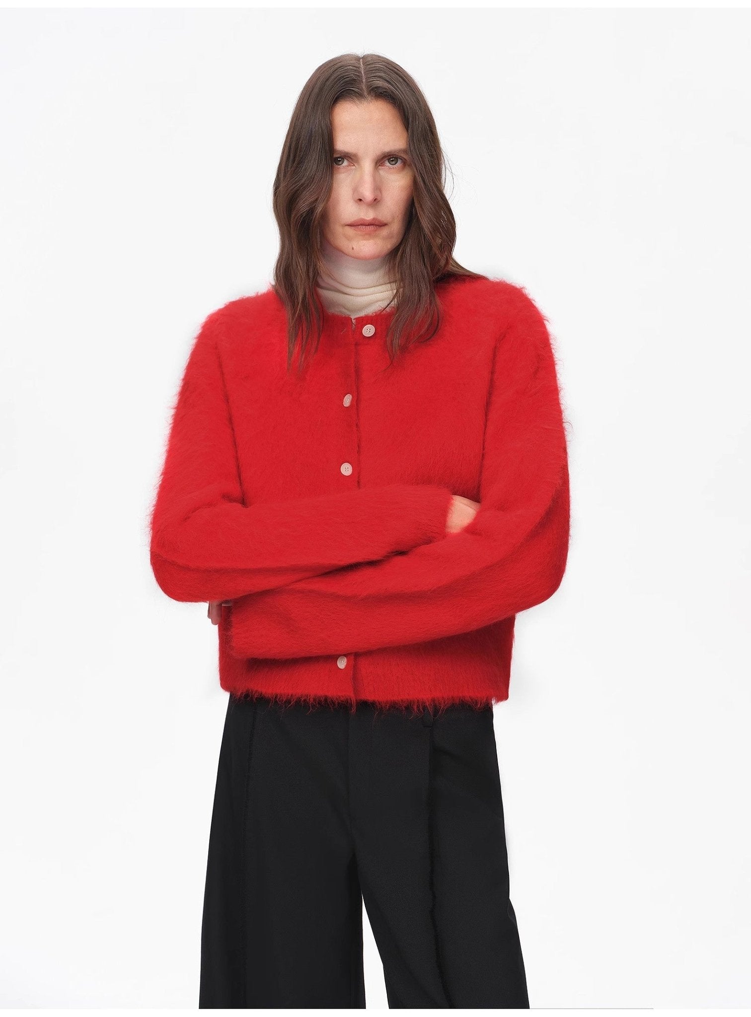 Albaca Alpaca Brushed Round Neck Straight Cardigan Women's Sweater - variant_title