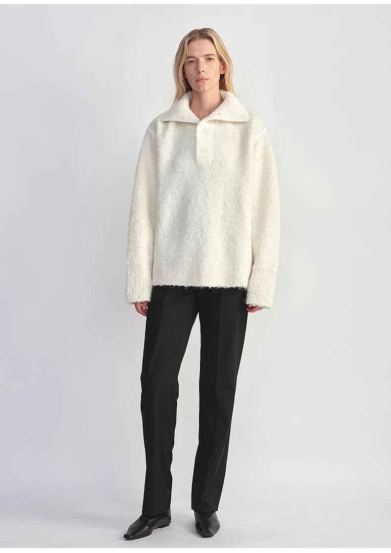 Alpaca wool blended bouclé yarn Spliced POLO shirt Lazy and relaxed sweater - variant_title
