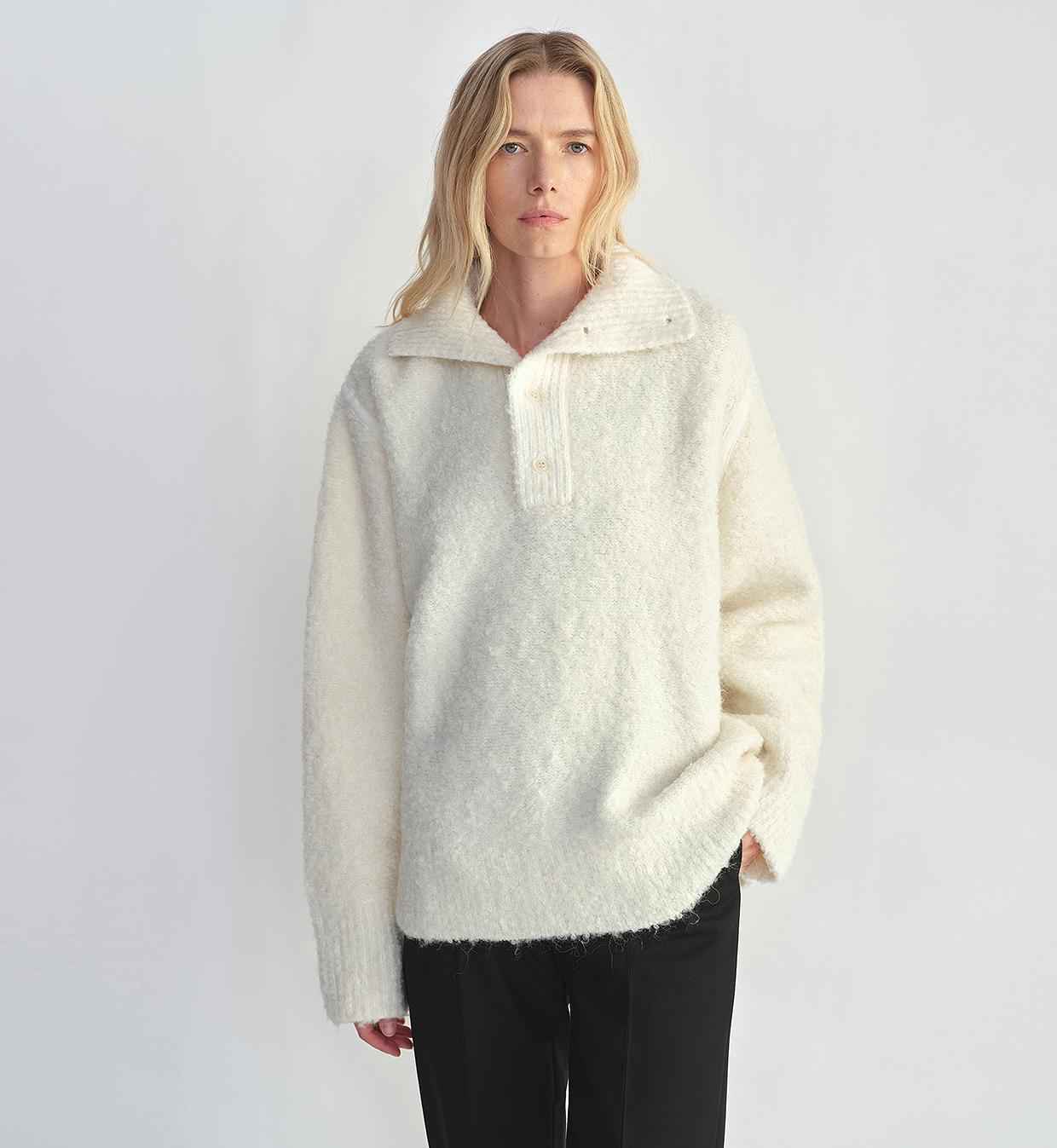 Alpaca wool blended bouclé yarn Spliced POLO shirt Lazy and relaxed sweater - variant_title