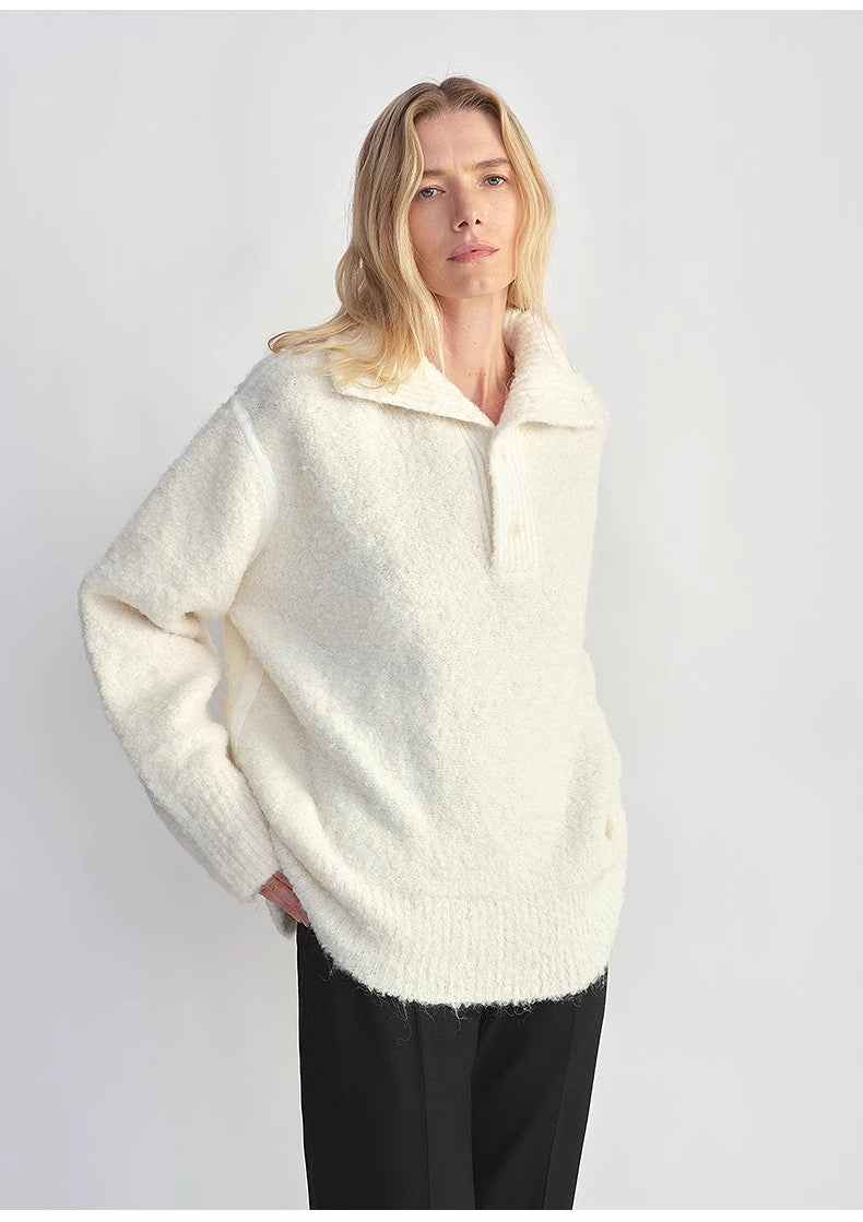 Alpaca wool blended bouclé yarn Spliced POLO shirt Lazy and relaxed sweater - variant_title