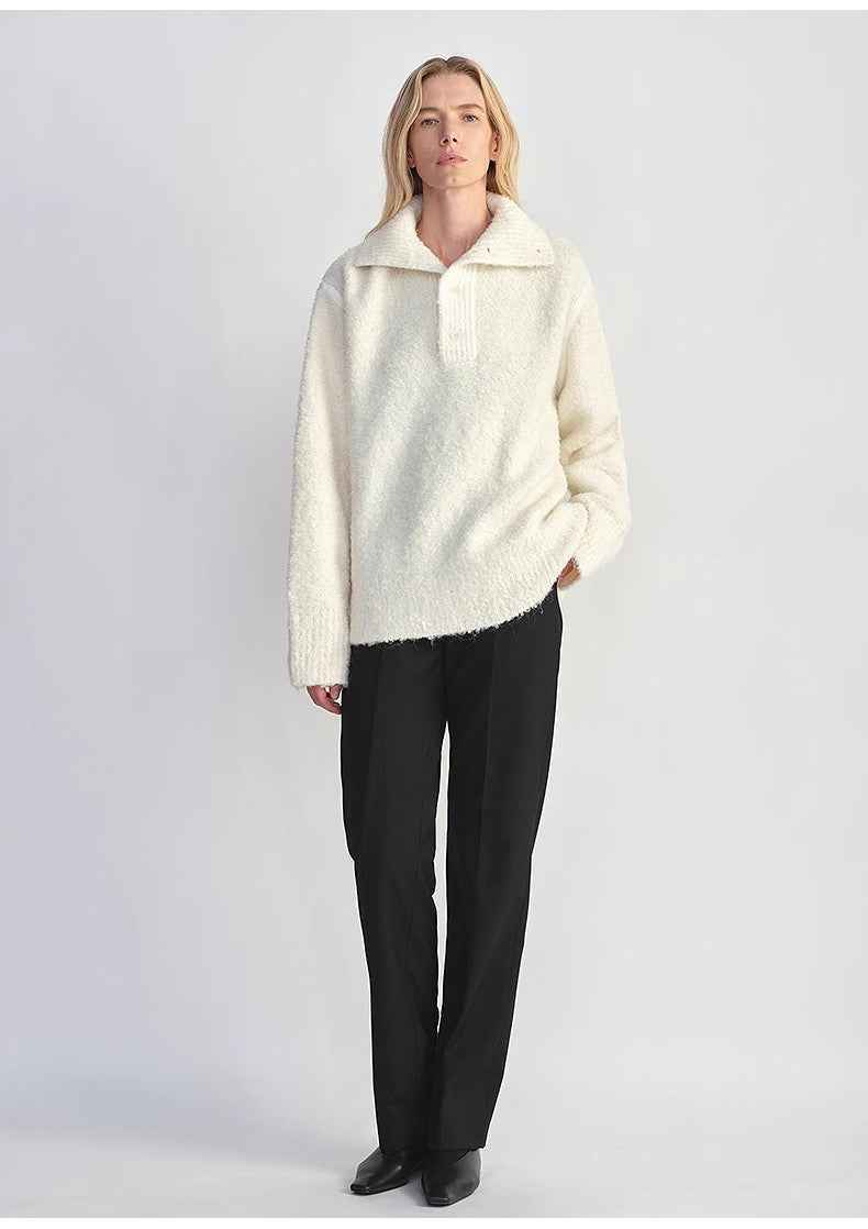 Alpaca wool blended bouclé yarn Spliced POLO shirt Lazy and relaxed sweater - variant_title