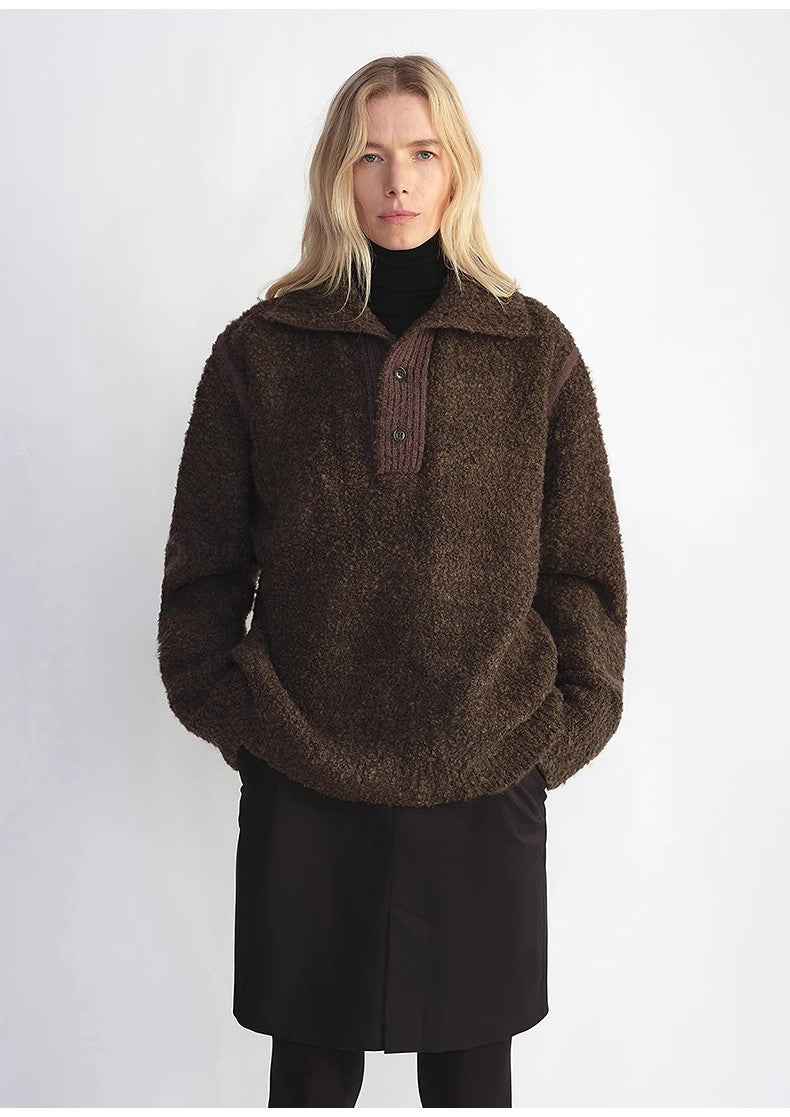 Alpaca wool blended bouclé yarn Spliced POLO shirt Lazy and relaxed sweater - variant_title