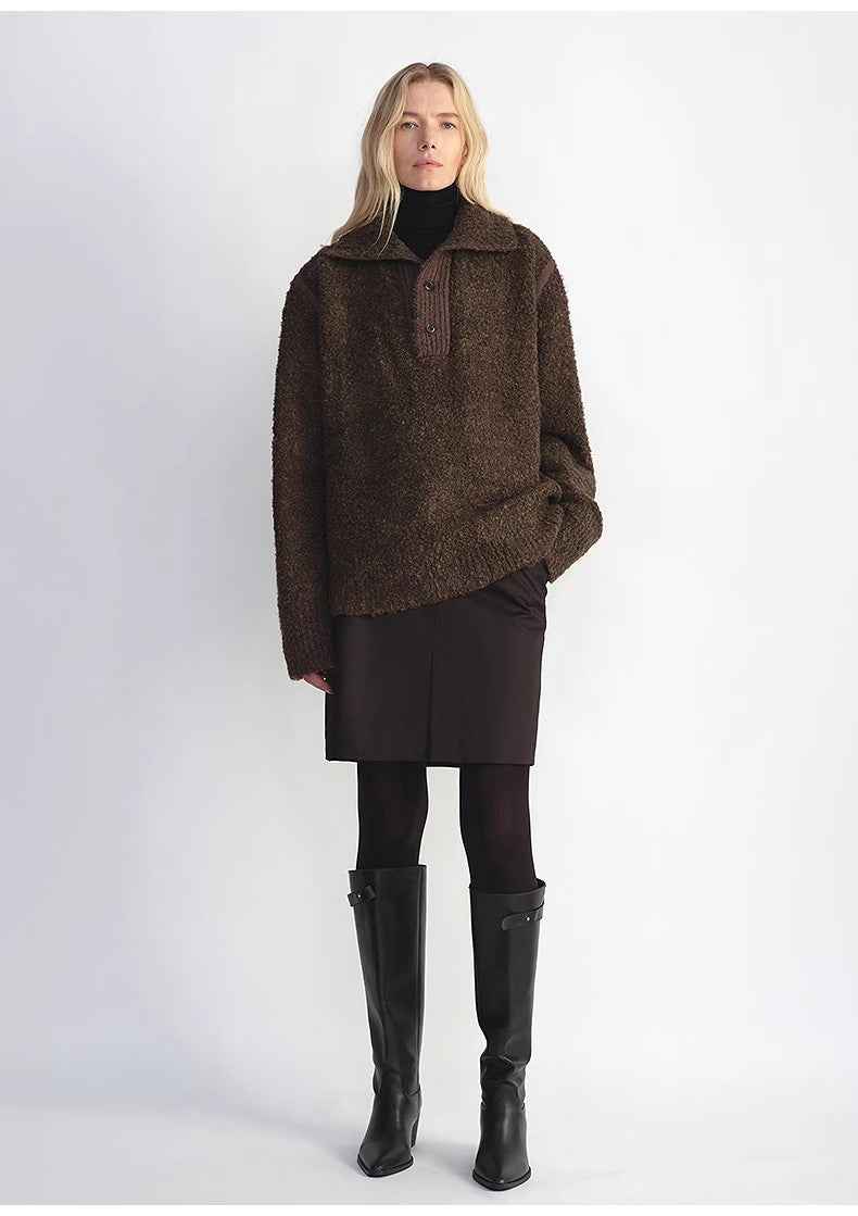 Alpaca wool blended bouclé yarn Spliced POLO shirt Lazy and relaxed sweater - variant_title