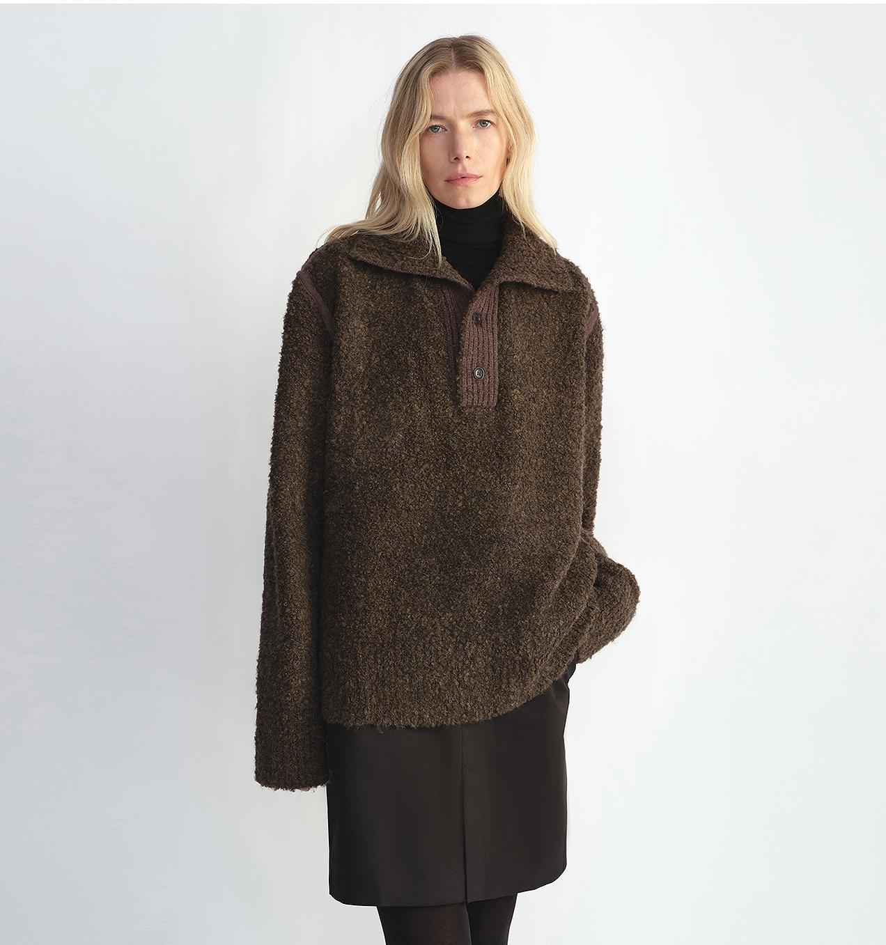 Alpaca wool blended bouclé yarn Spliced POLO shirt Lazy and relaxed sweater - variant_title