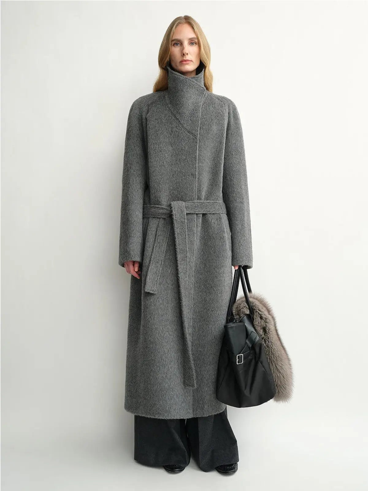 Architectural Grace alpaca wool A-line lapel long coat product image 04