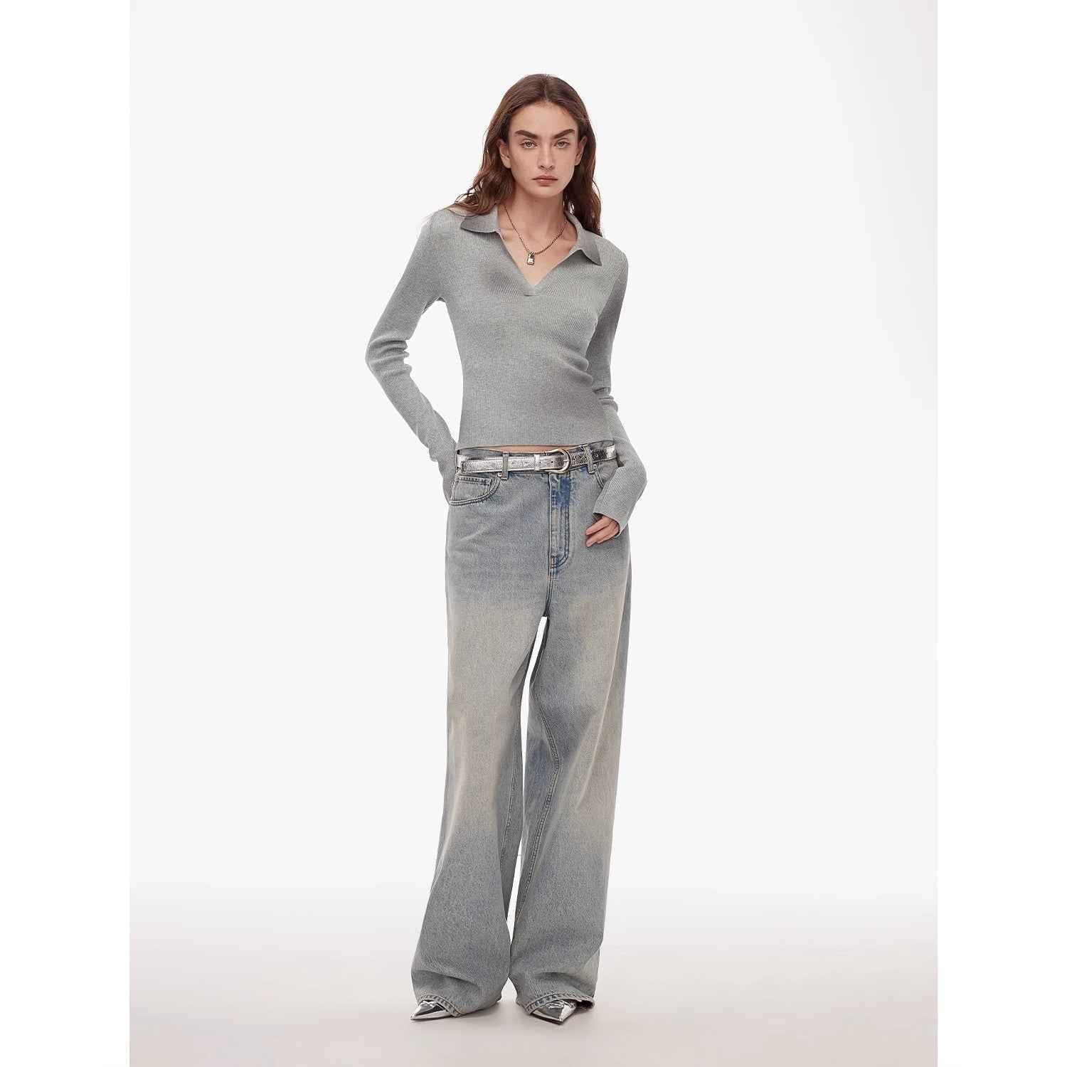 "Artistic Abstract" sfumato distressed printed merino wool waisted polo collar long sleeve short knit sweater - variant_title