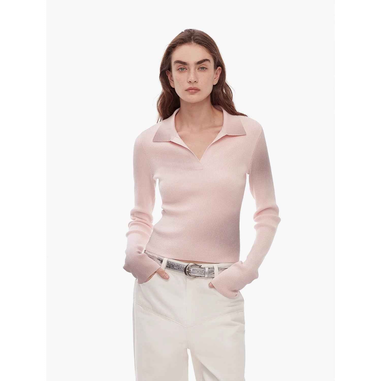 "Artistic Abstract" sfumato distressed printed merino wool waisted polo collar long sleeve short knit sweater - variant_title