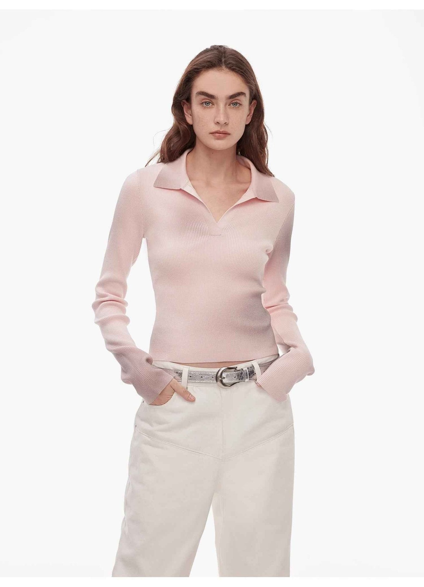 "Artistic Abstract" sfumato distressed printed merino wool waisted polo collar long sleeve short knit sweater - variant_title