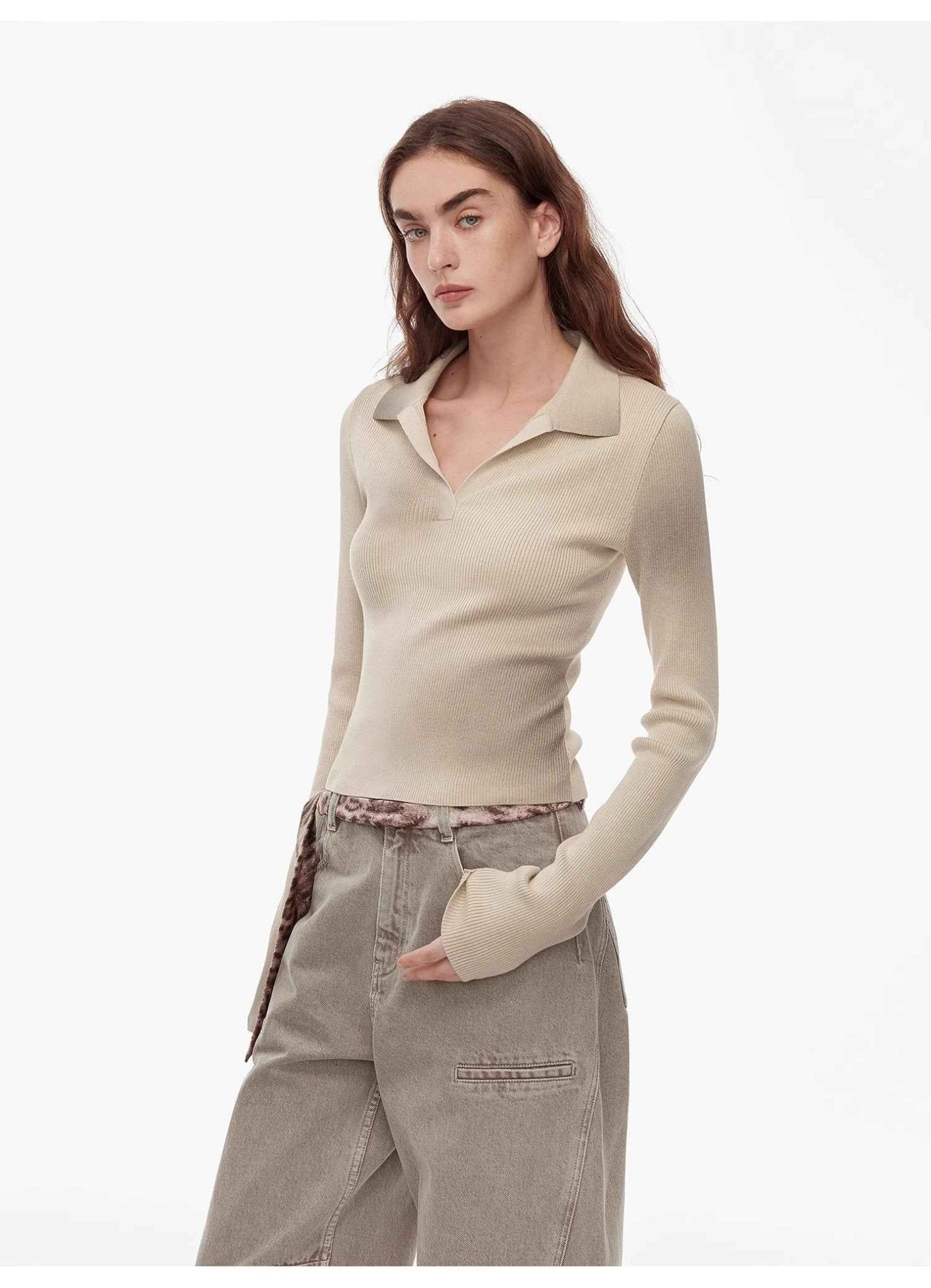 "Artistic Abstract" sfumato distressed printed merino wool waisted polo collar long sleeve short knit sweater - variant_title
