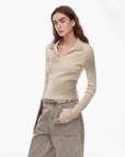 "Artistic Abstract" sfumato distressed printed merino wool waisted polo collar long sleeve short knit sweater - variant_title