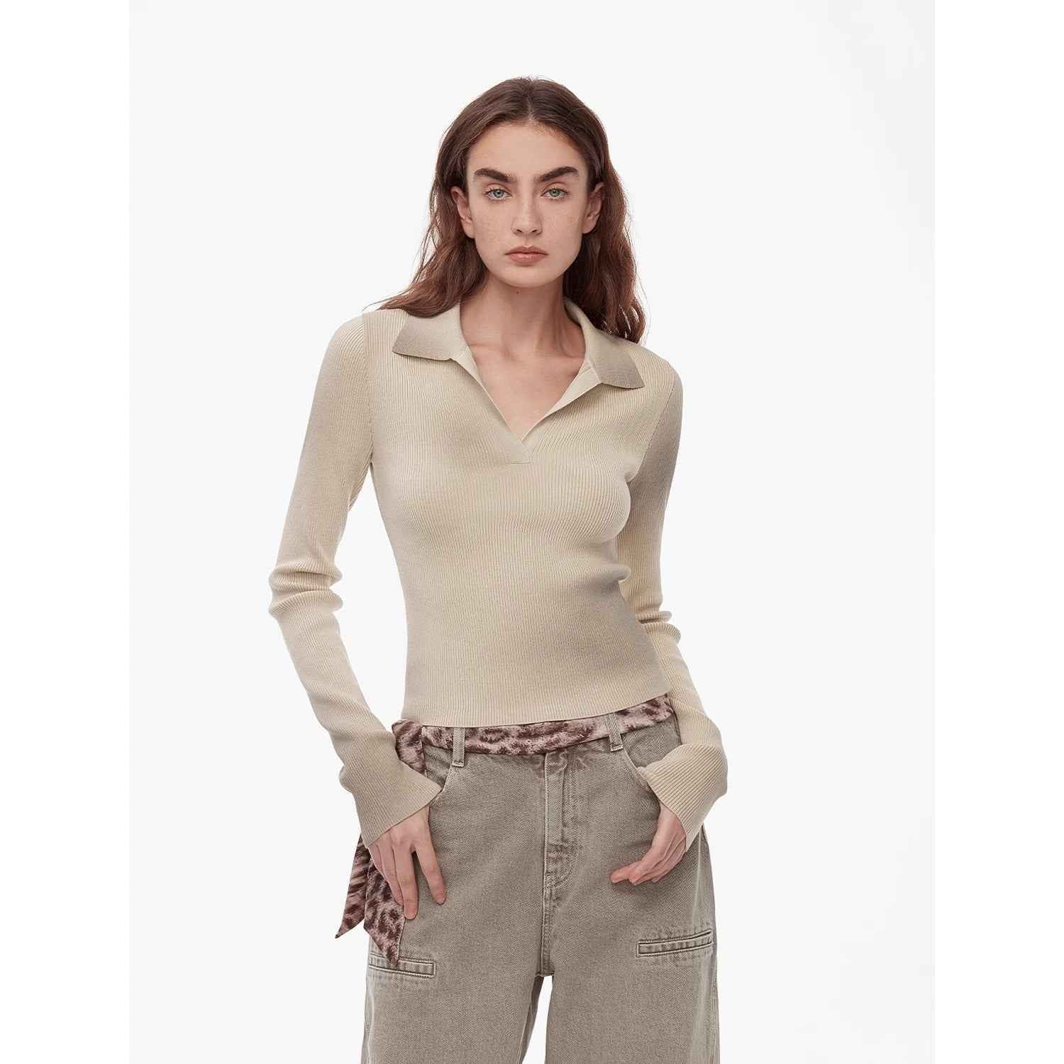 "Artistic Abstract" sfumato distressed printed merino wool waisted polo collar long sleeve short knit sweater - variant_title