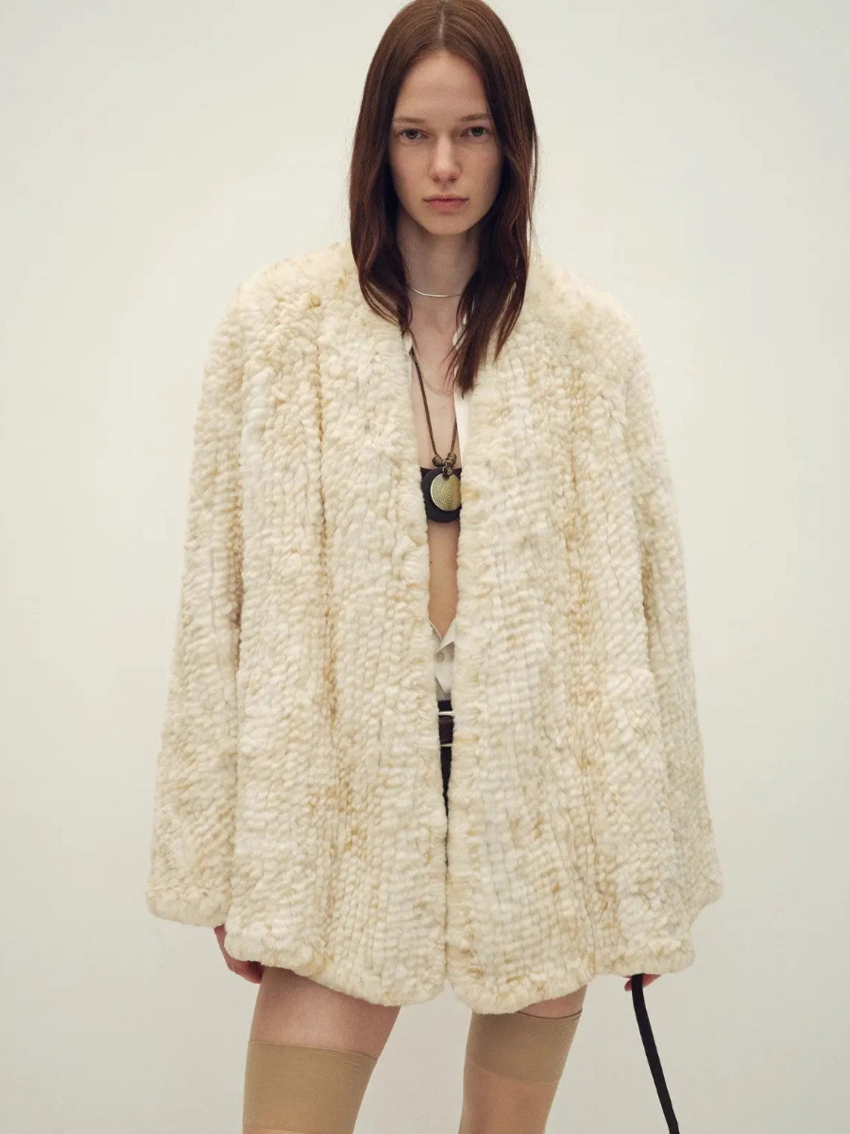 Artistic Weaving milk yellow Rex rabbit fur coat belted model view