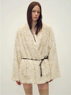 Artistic Weaving milk yellow woven rabbit fur coat front model view