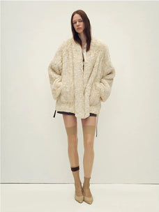 Artistic Weaving milk yellow long Rex rabbit fur coat full-length model view
