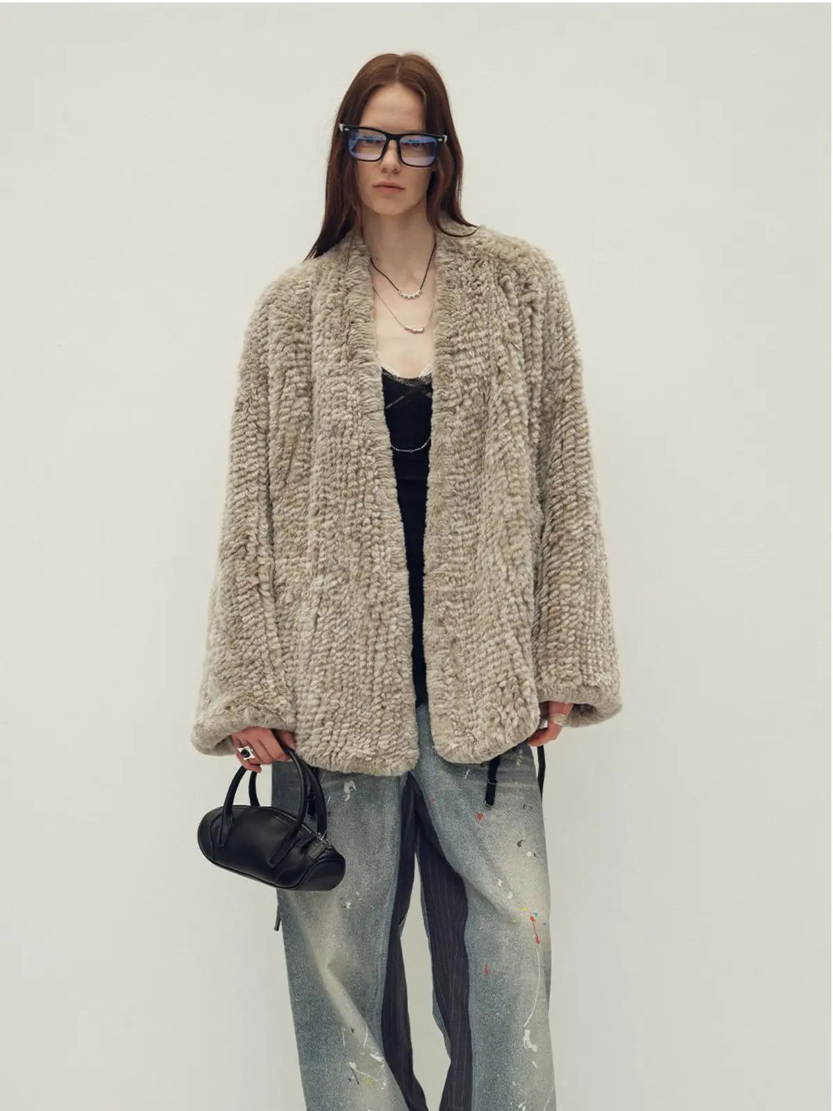 Artistic Weaving oatmeal ash woven rabbit fur coat front model view