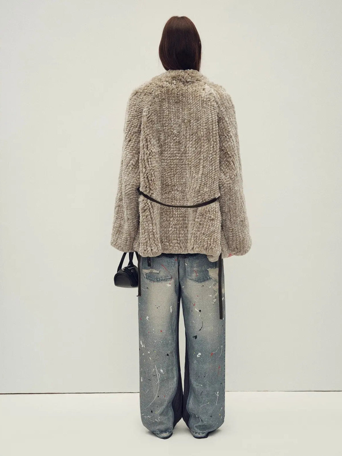 Artistic Weaving oatmeal ash Rex rabbit fur coat back model view