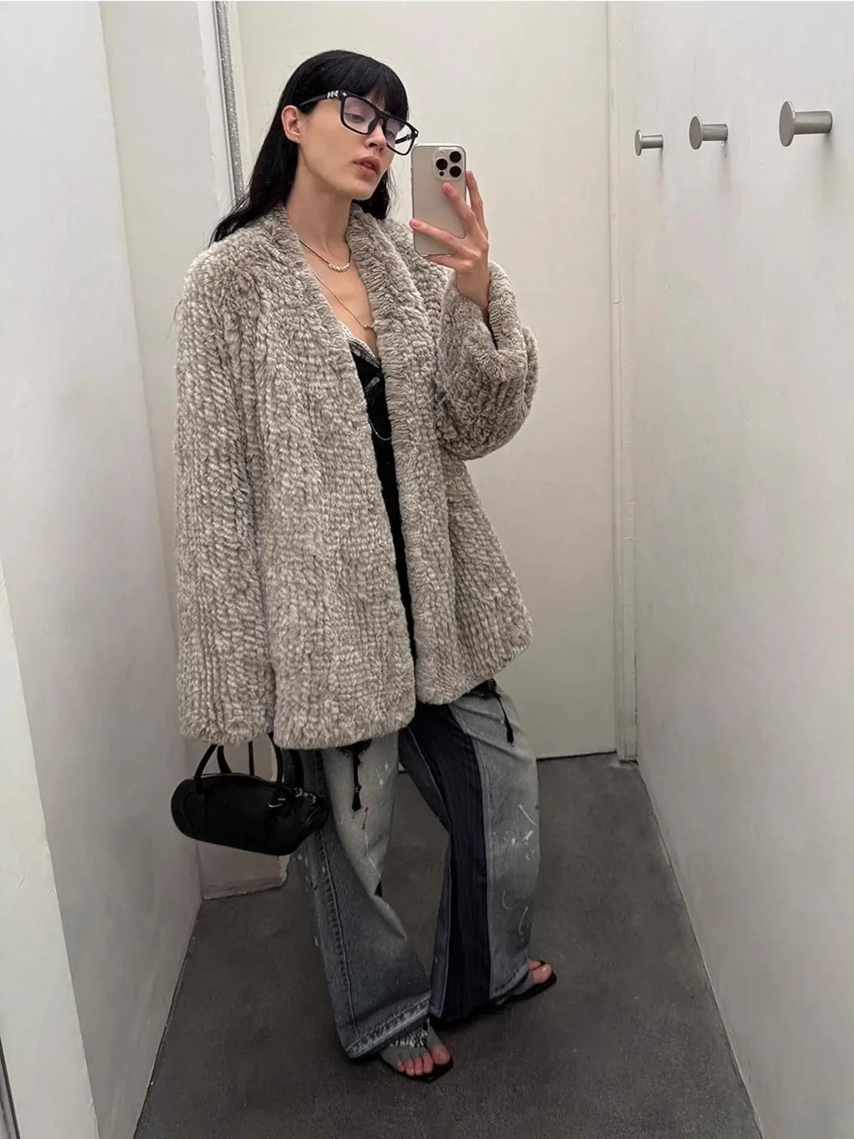 Artistic Weaving oatmeal ash rabbit fur coat casual mirror styling