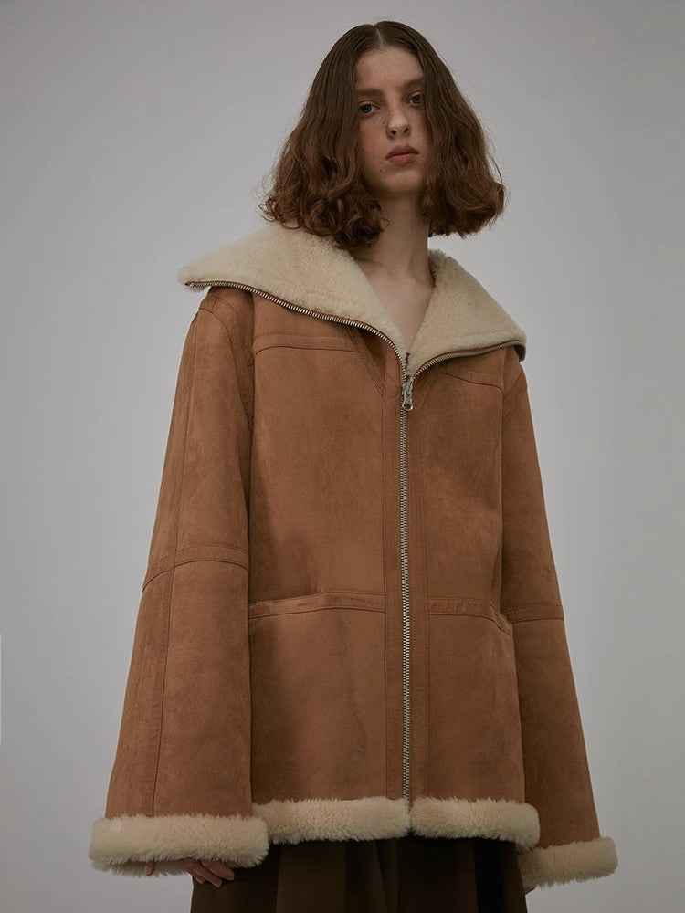 August Night reversible short lapel faux leather shearling jacket product image 02