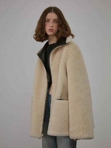 August Night reversible short lapel faux leather shearling jacket product image 05