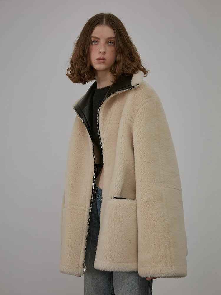 August Night reversible short lapel faux leather shearling jacket product image 05