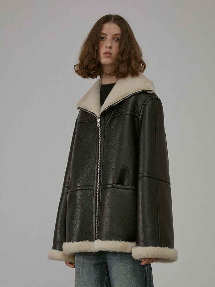 August Night reversible short lapel faux leather shearling jacket product image 08
